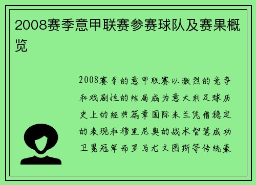 2008赛季意甲联赛参赛球队及赛果概览